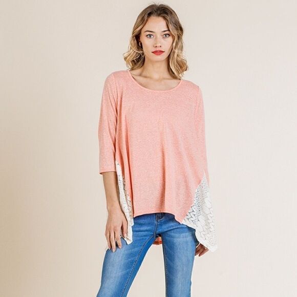 3/4 Sleeve Heathered Round Neck Top with Lace Sharkbite Hem - Picture 2 of 4